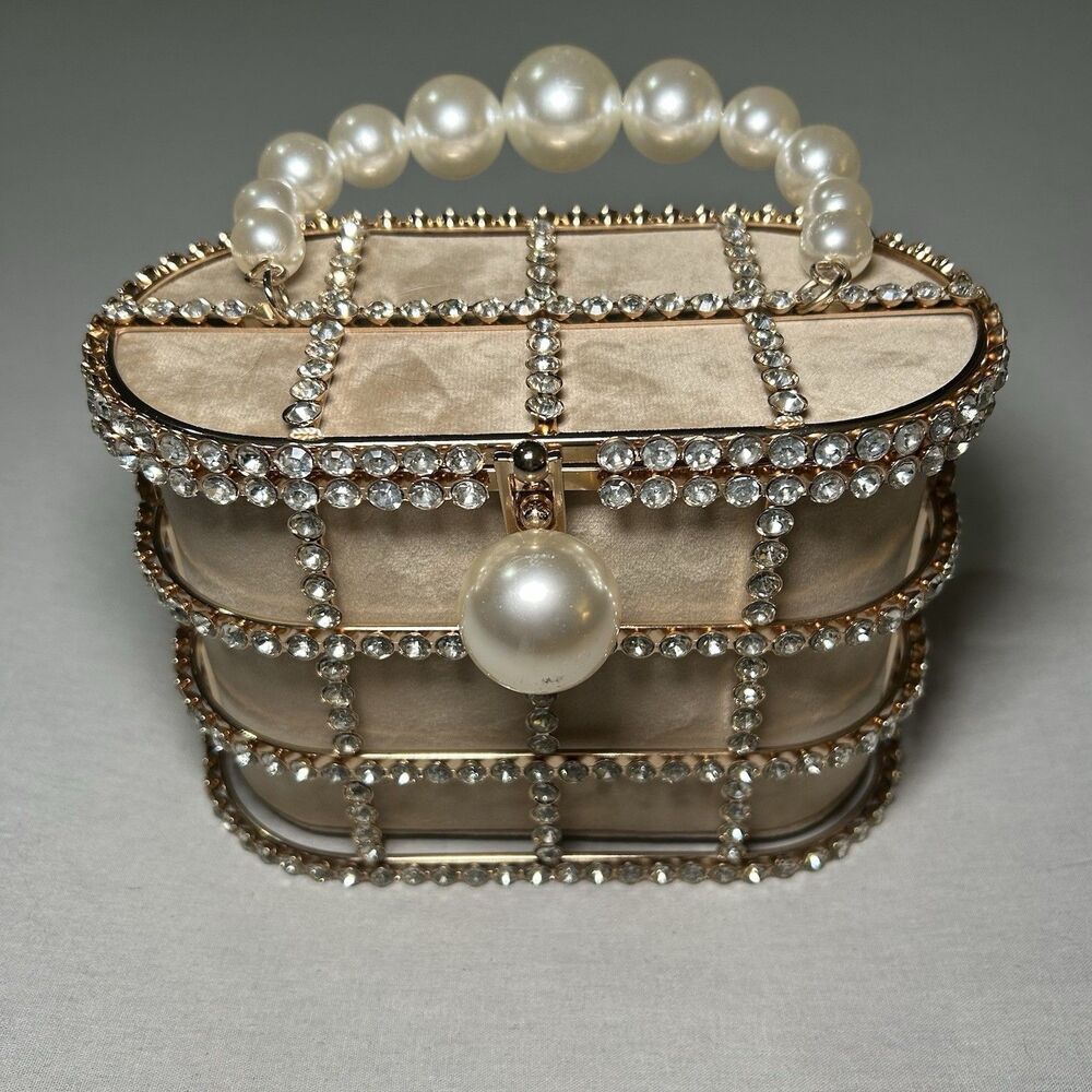 Basket bag crystal-encrusted, faux pearl-accented, gold-tone cage